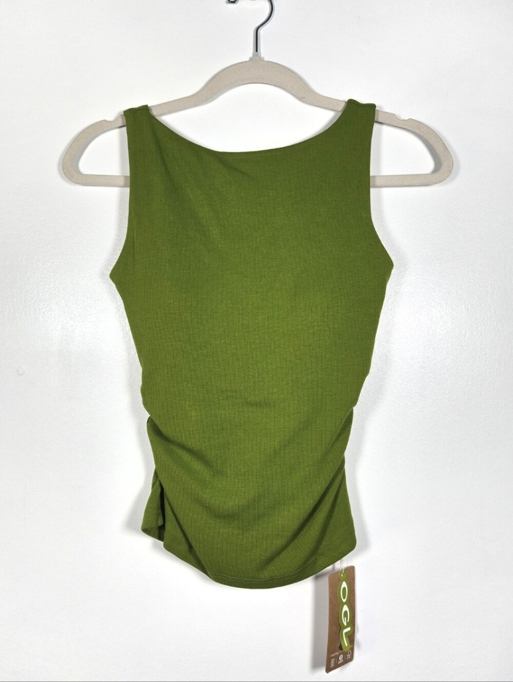 NEW OGL Move Plantive Green Ribbed Ruched Tank Top Built In Bra Size Small